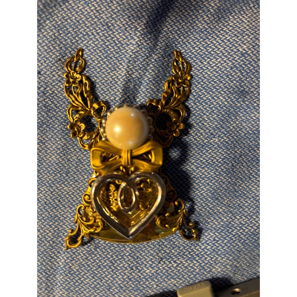 Vintage Signed Jane Angel Brooch Gold Silver Tone Filigree Heart Faux Pearl Pin